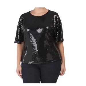 WD NY WOMAN TOP All Over Black Sequin Top With Flutter Short Sleeve SZ 1X NWT
